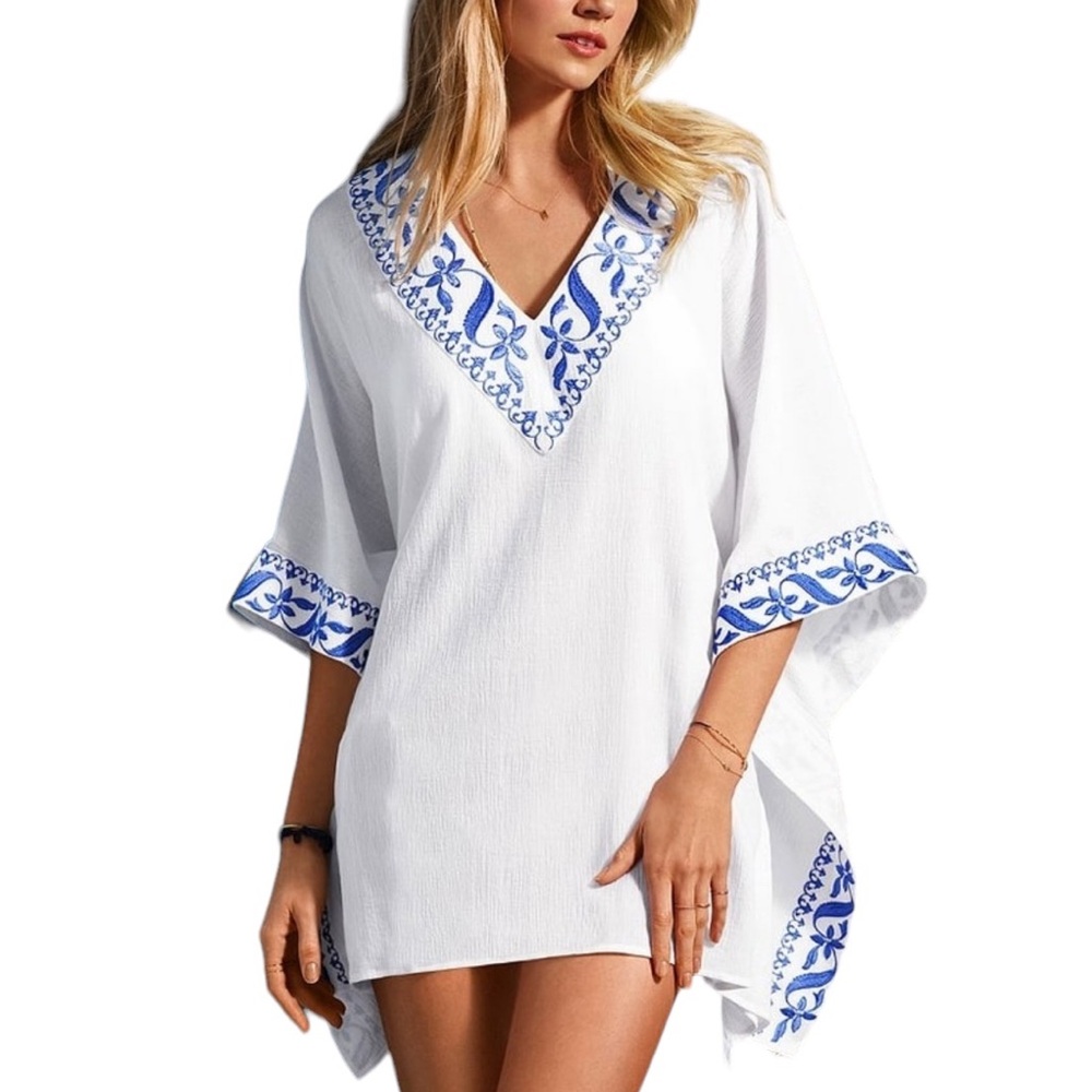 VICTORIA’S SECRET: White & Blue Embroidered Swimsuit Cover-Up -Medium/Large